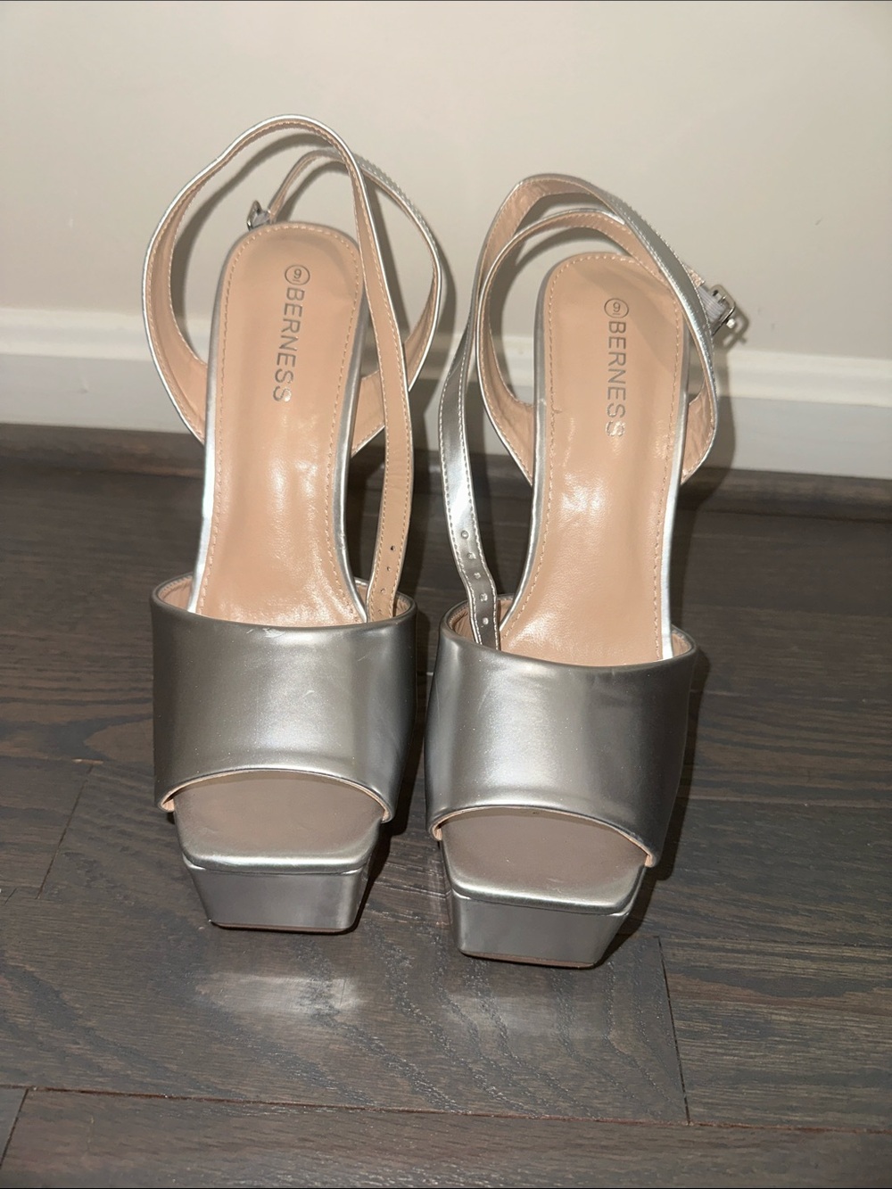 Berness Silver Platform Peep-Toe Sandals with Ankle Strap